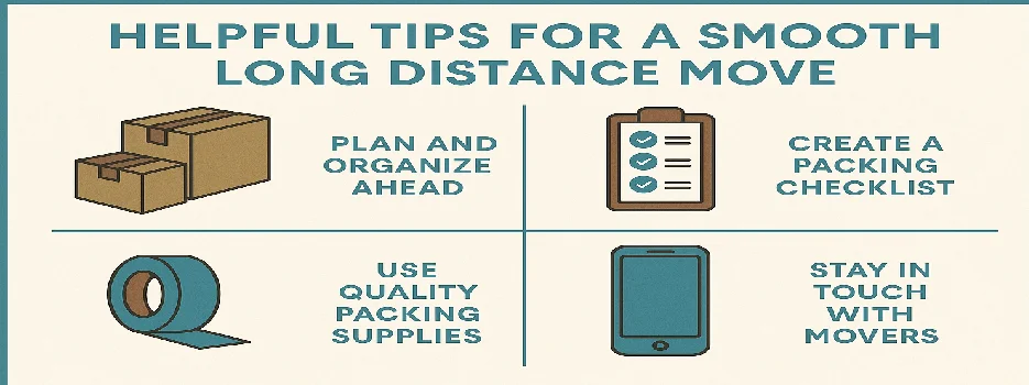 Infographic showing helpful tips for a smooth long distance move, including planning ahead, creating a packing checklist, using quality packing supplies, and staying in touch with movers, illustrated with icons of boxes, checklist, tape, and smartphone.